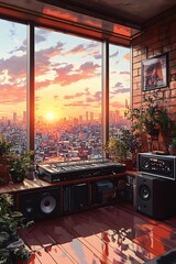 Wall Mural - Modern studio with sunset view through large window, music equipment and plants