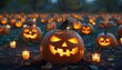 © Pixel - Captivating Dark Night with Glowing Pumpkin Faces Illuminated by Candlelight in the Patch