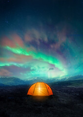 Wall Mural - travelling experience camping under the northern lights. photo composite.