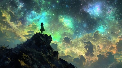 Wall Mural - this scifi wallpaper artwork shows a lonely girl standing on top of a hill, created with ai
