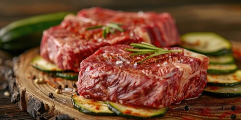 Close-up view of classic dry-aged ribeye steaks with paprika and zucchini presented on a weathered wooden surface.