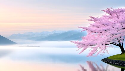 Tranquil cherry blossom tree by a serene lake, embraced by misty mountains at sunrise