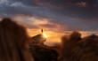 © James Thew - Leadership And Goals. A man standing on top of a mountain at sunset. Conceptual photo composite.