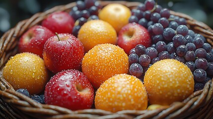 Fresh, colorful assortment of apples, oranges, and grapes in a wicker basket