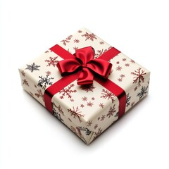 A beautifully wrapped Christmas gift with a red ribbon and snowflake design on a white background