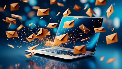 Wall Mural - Dynamic 3D render of flying envelopes and letters bursting from a laptop screen, symbolizing the essence of email marketing creativity and innovation