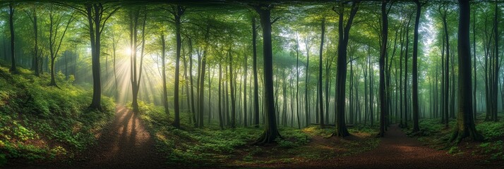 This is a panoramic view of a lush forest of fresh green deciduous trees, with the sun streaming through the foliage in the springtime.