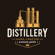 © Vlad Klok - Vector beige and yellow vintage distillery logo isolated on a dark background