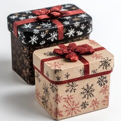 A beautifully wrapped Christmas gift with a red ribbon and snowflake design on a white background