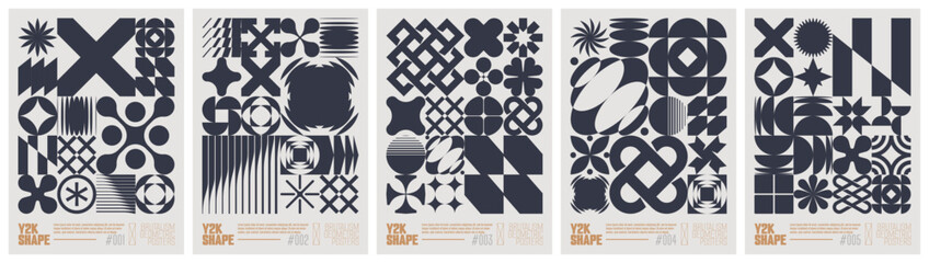 Poster - Y2K shape abstract geometric composition in brutalism style, vector minimalistic Posters with silhouette basic figures, Retro futuristic graphic elements of geometrical postmodern figures, black set
