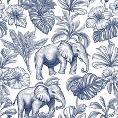 Exotic rainforest elegant linear backdrop with elephant head with flower wreath. Starring wild animals with exotic Hibiscus and Plumeria blossoms. Animalistic textile, wallpaper design.