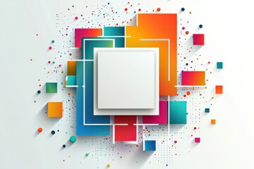 Wall Mural - Abstract  graphic design featuring a white square surrounded by vibrant colored geometric shapes and dots on a light background