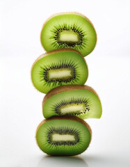 Five slices of kiwi with stacked slices, showing an interesting pattern, on a white background