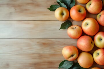 Poster - Fresh red and yellow apples on wooden background with green leaves.