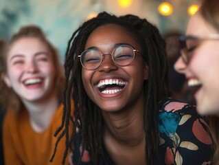 Wall Mural - diverse group of friends laughing joyfully in cozy cafe setting, warm lighting highlighting genuine expressions of happiness