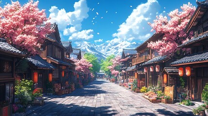 Wall Mural - Japanese Town Street with Cherry Blossoms and Mountains in Background