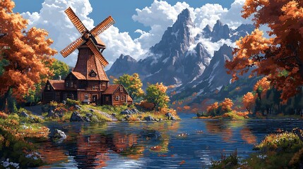 Windmill with mountain lake landscape art illustration painting