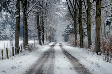 Poster - Snowy road through a winter forest, with tire tracks