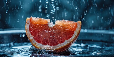 Wall Mural - Water droplets cascading from a sliced grapefruit exemplify the lively and fresh essence of its taste.