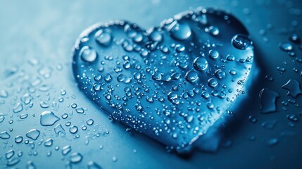 A heart made of water droplets, symbolizing the importance of hydration and its impact on heart health, set against a refreshing blue background