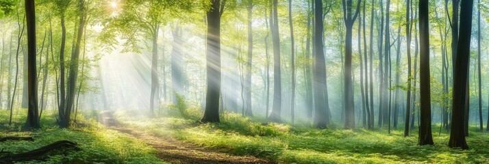 Seasonal spring background with a scenic forest of green deciduous trees, the sun shining through the foliage, green forest of deciduous trees with foliage, wallpaper.