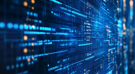 Blue binary code, abstract image of digital data streams, representing technology, big data, cloud storage, and internet connections, with a futuristic and high-tech feel.