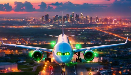 Poster - Vibrant night scene at airport with illuminated airplane departing, showcasing modern infrastructure and colorful lights for international travel adventures.