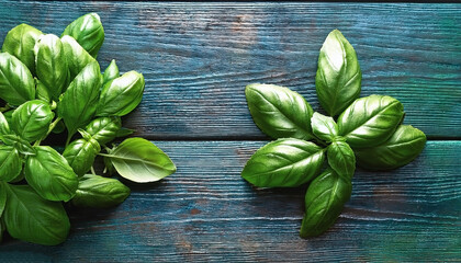 Fresh basil leaves lying on a wooden background