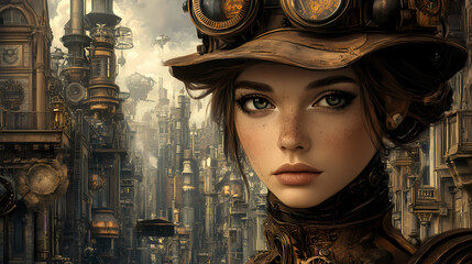 a portrait of an attractive steampunk style woman in the town. created with generative ai, no one re