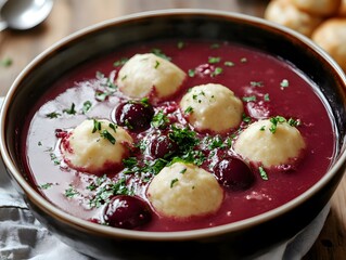 Cherry soup with dumplings