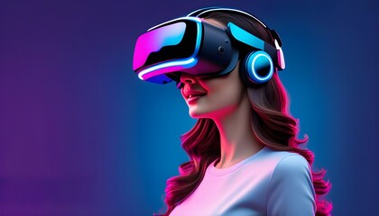 Wall Mural - Futuristic portrait of young woman wearing virtual reality glasses, embracing technology and innovation in neon colors as a modern entrepreneur in online entertainment