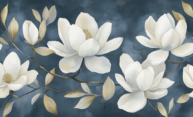 A watercolor painting of abstract blue and white flowers, water lilies, and leaves on a canvas background - a triptych in interior design.