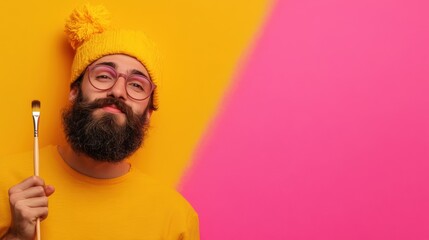 Poster - A man with a beard and glasses holding up his brush, AI