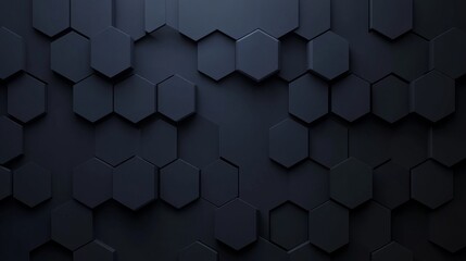 Stacks of 3D, Semigloss Bricks in the form of hexagonal blocks. Black, futuristic mosaic tiles arranged in a wall shape.