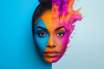 Wall Mural - A woman's face is split in half with one side painted blue and orange and the other side has pink and orange paint splattering out of it.