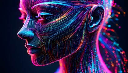 Wall Mural - Futuristic silhouette of a human head formed by glowing particles, symbolizing technology, AI, cognition, and the connection of machine learning with information.