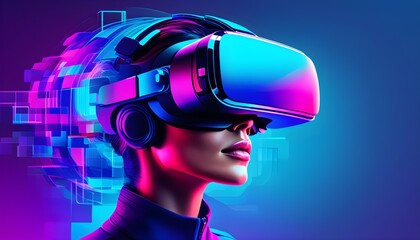 Wall Mural - Futuristic virtual reality glasses against a blue background, showcasing cutting-edge technology and immersive entertainment in a modern cyberspace experience.