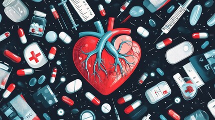 A digital illustration of a heart surrounded by medical icons such as pills, syringes, and blood pressure monitors, representing comprehensive heart care