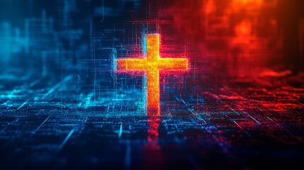 Wall Mural - abstract background with human silhouette and lights and cross, religious context