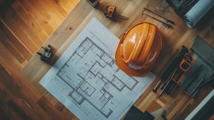 An architects desk with blueprints, sketching plans for a construction project, top view.