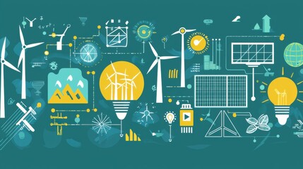 Renewable Energy Technology Infographic with Wind Turbines and Solar Panels