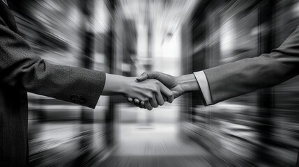 two executive women shaking hands, blurred office background,  