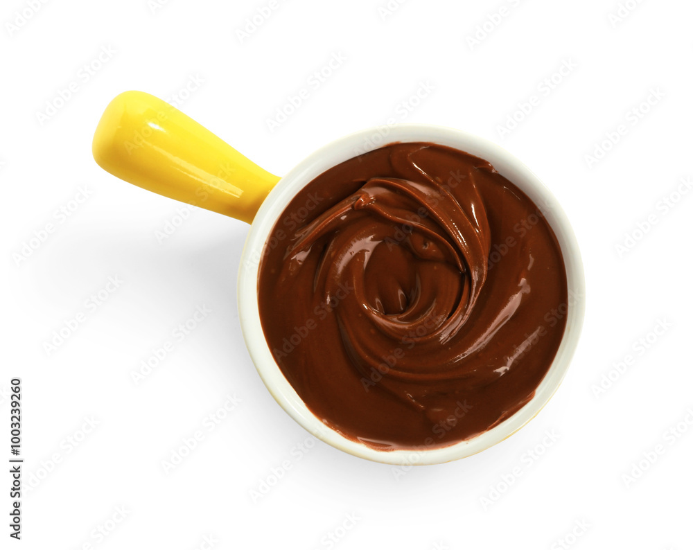 Bowl of sweet melted chocolate on white background