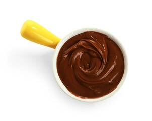 Wall Mural - Bowl of sweet melted chocolate on white background