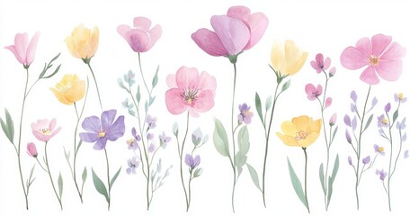 Wall Mural - watercolor floral clipart, featuring pink, purple, and yellow flowers on a white background the desi