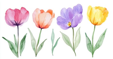 Wall Mural - watercolor flower clip art, simple design, white background, pink, purple, and yellow flowers genera
