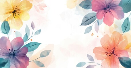 Wall Mural - watercolor flower clipart, pastel pink, purple, yellow, and teal flowers and leaves on a white backg