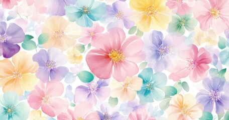 Wall Mural - watercolor floral clipart, in pastel shades of pink, purple, yellow, blue, and green, on a white bac