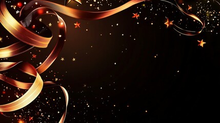 Wall Mural - Golden Ribbon with Stars and Confetti on Black Background