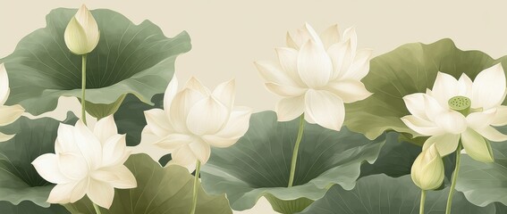 Wall Mural - The background has lotus flower, leaves and buds. The wallpaper is in a minimalistic linear style with elegant floral elements.